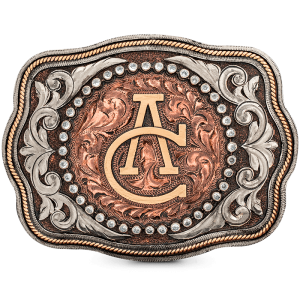 A custom belt buckle for men featuring a personalized ranch brand built on an antiqued copper base adorned with silver scrolls and beads